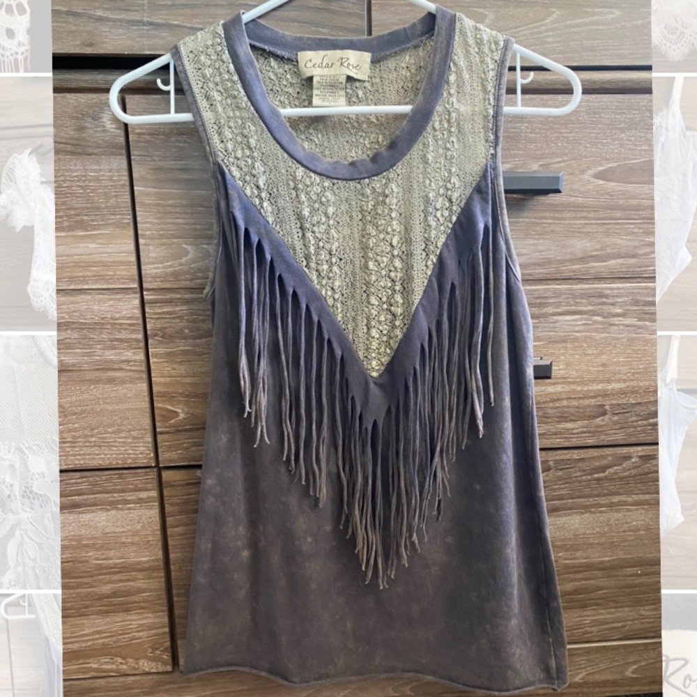 Acid Washed Grey lace Fringe Tank Top